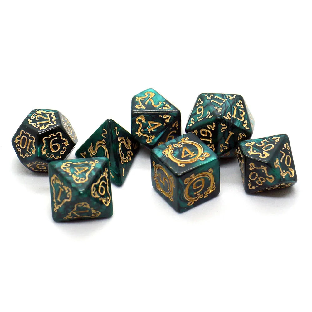 A set of ten dragon-embellished polyhedral dice in dark green and gold colors.