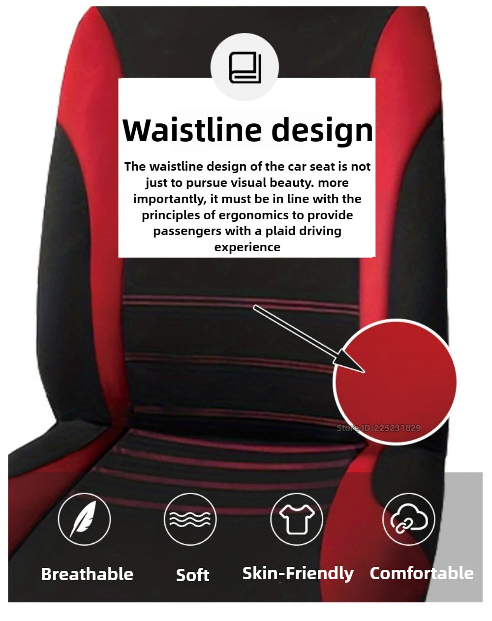 Interior view of a car seat showing the waistline design features and comfort options like breathable, soft, skin-friendly, a