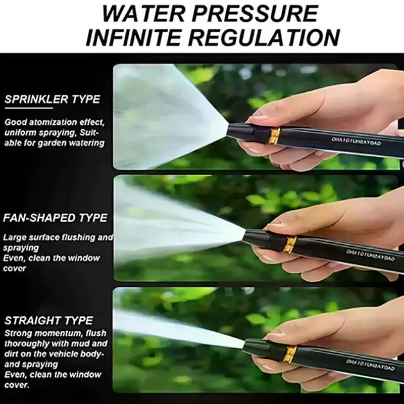 Three types of water pressure regulation nozzles for cleaning and watering: sprinkler, fan-shaped, and straight.