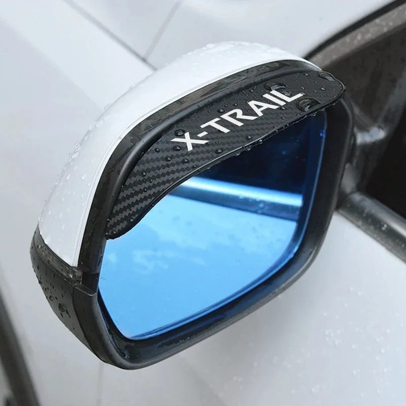 Close-up of an X-Trail rain guard fitting over a car side mirror.