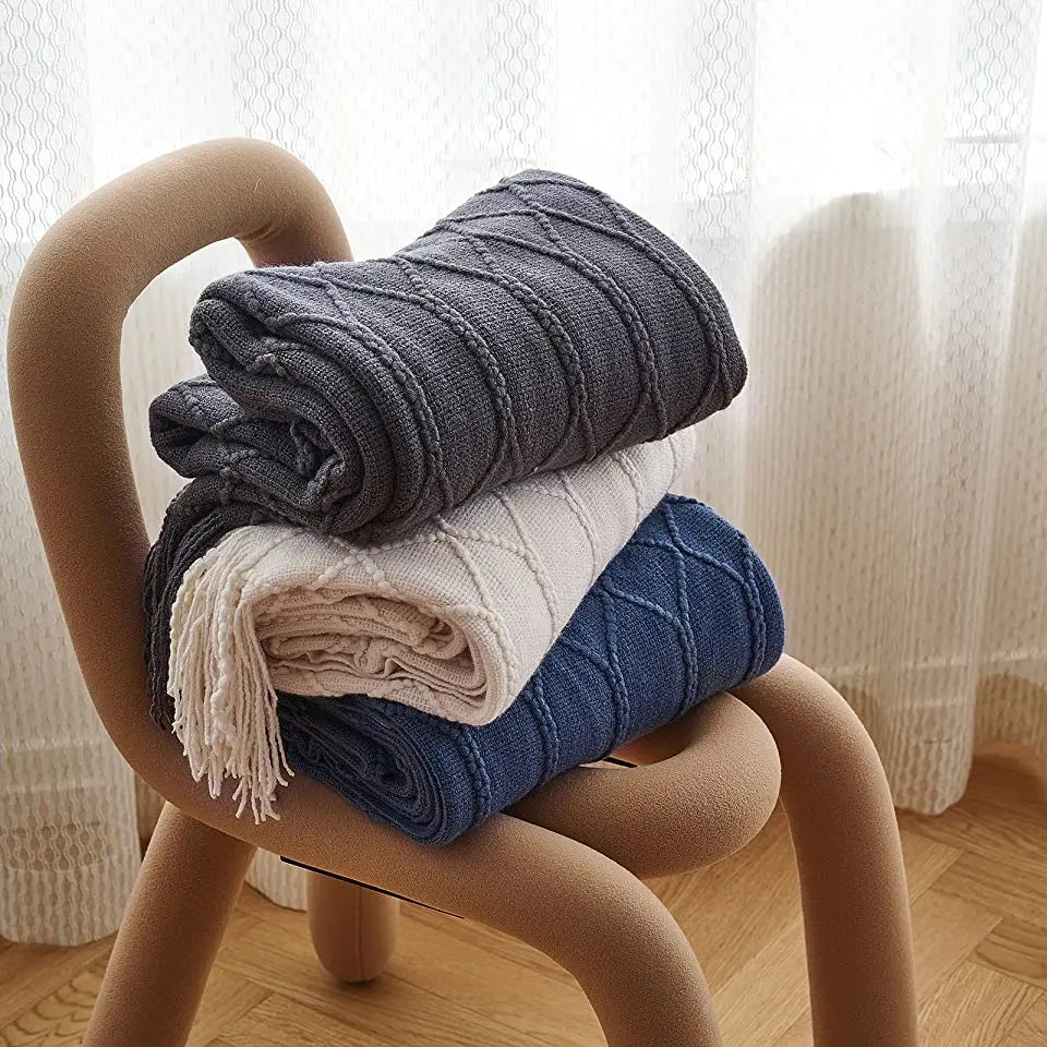 Khaki Knitted Throw Blanket with Tassels