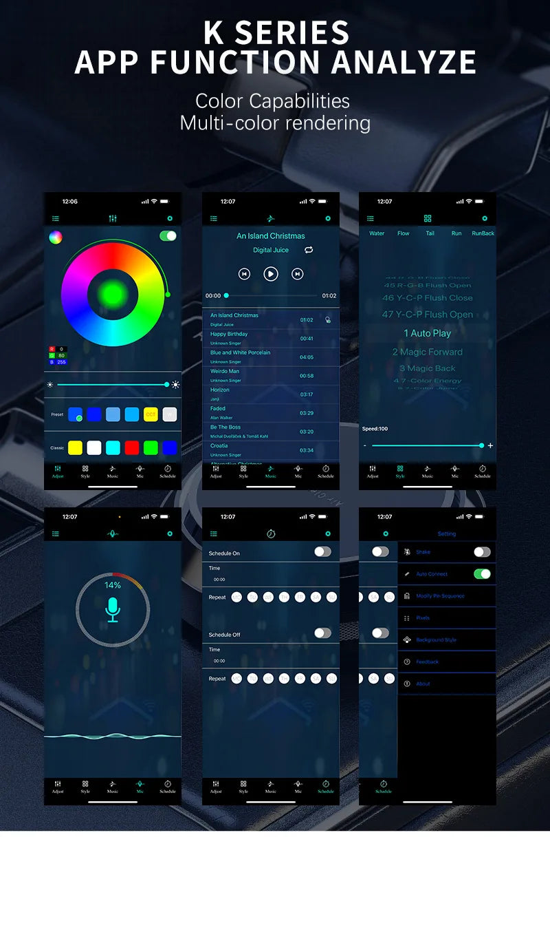 Screen display of an app interface showing multi-color rendering capabilities for a K Series product.