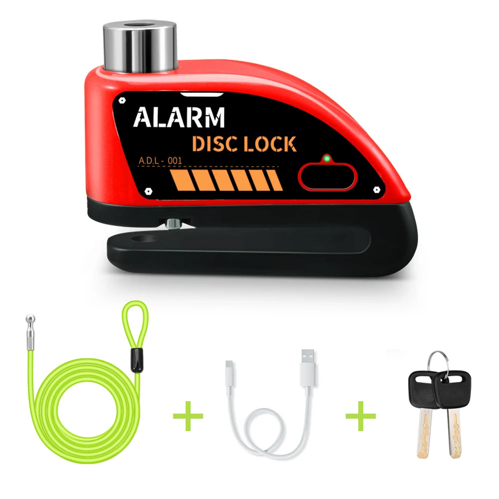A red motorcycle disc brake lock with an alarm feature, shown alongside its cord and key.