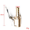 A brass tire inflator quick-connect adapter with a clip-on lock, shown with dimension lines and weight.