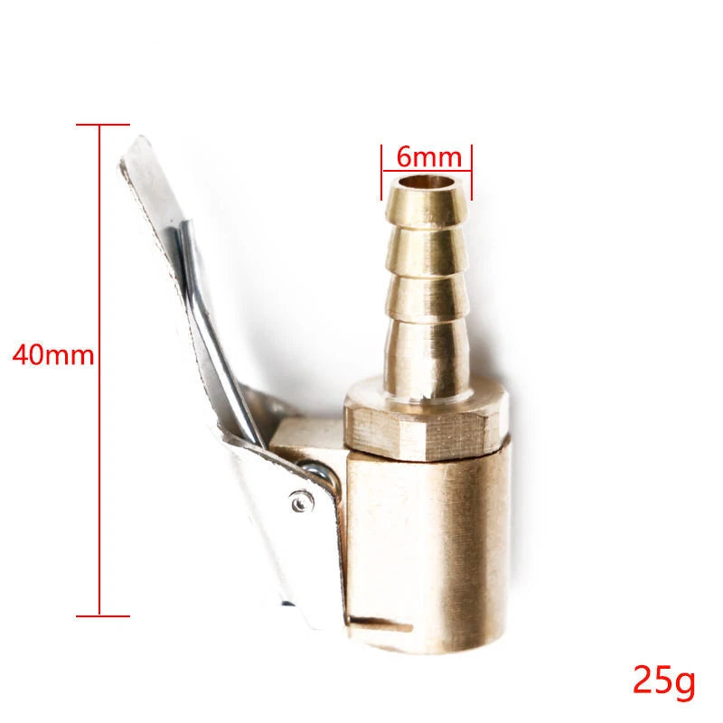 A brass tire inflator quick-connect adapter with a clip-on lock, shown with dimension lines and weight.