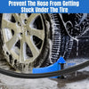 A blue hose guide with a roller wedge is shown preventing a tire from getting stuck under a car tire.