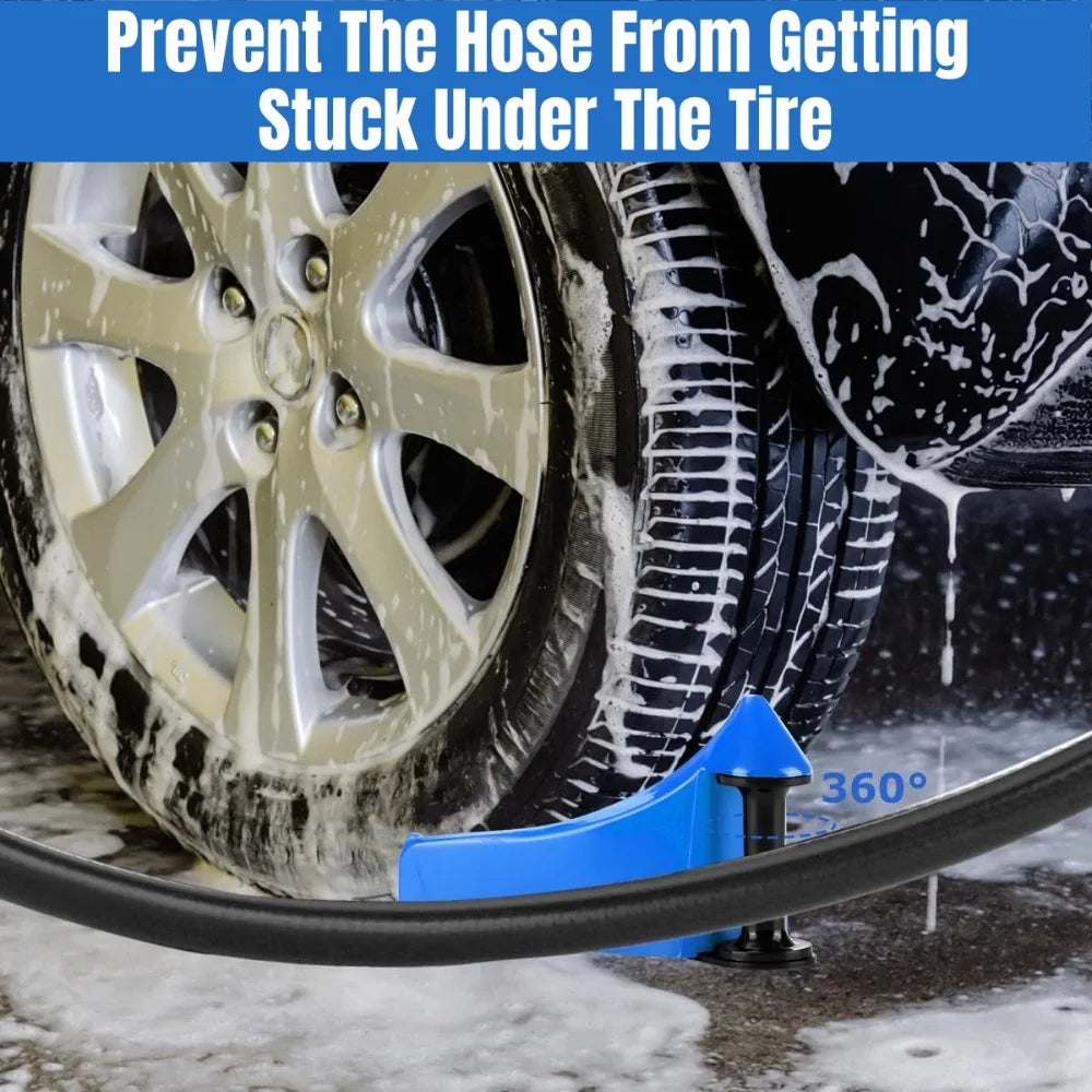 A blue hose guide with a roller wedge is shown preventing a tire from getting stuck under a car tire.