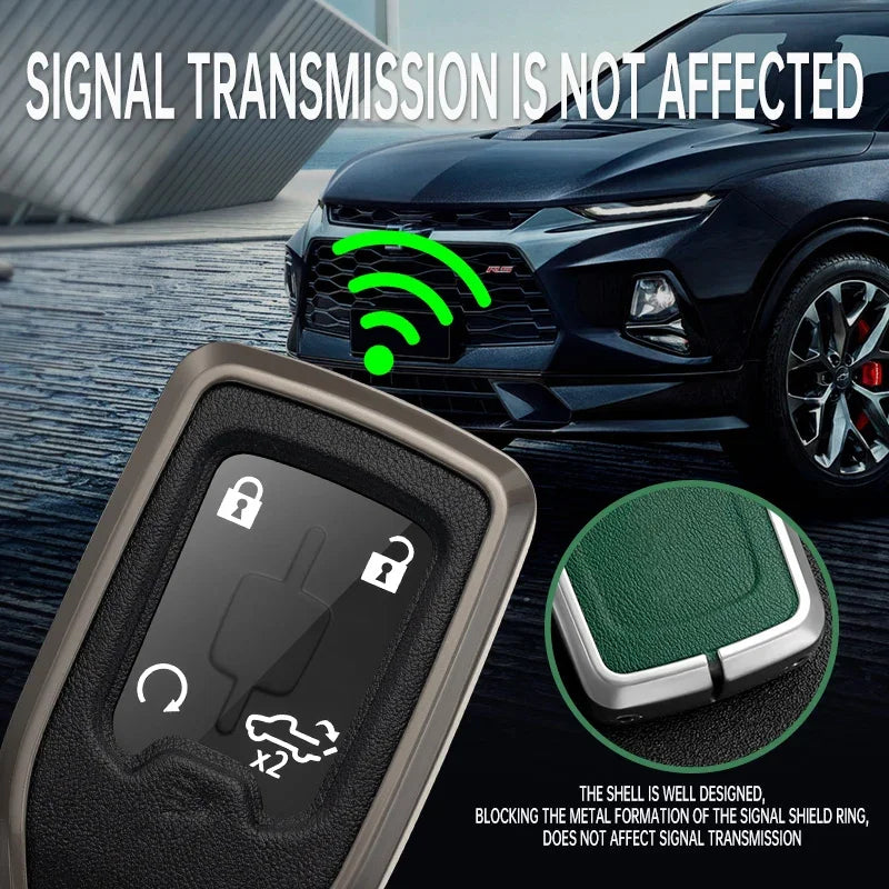 A close-up view of a dark key fob cover demonstrating signal transmission is not affected.