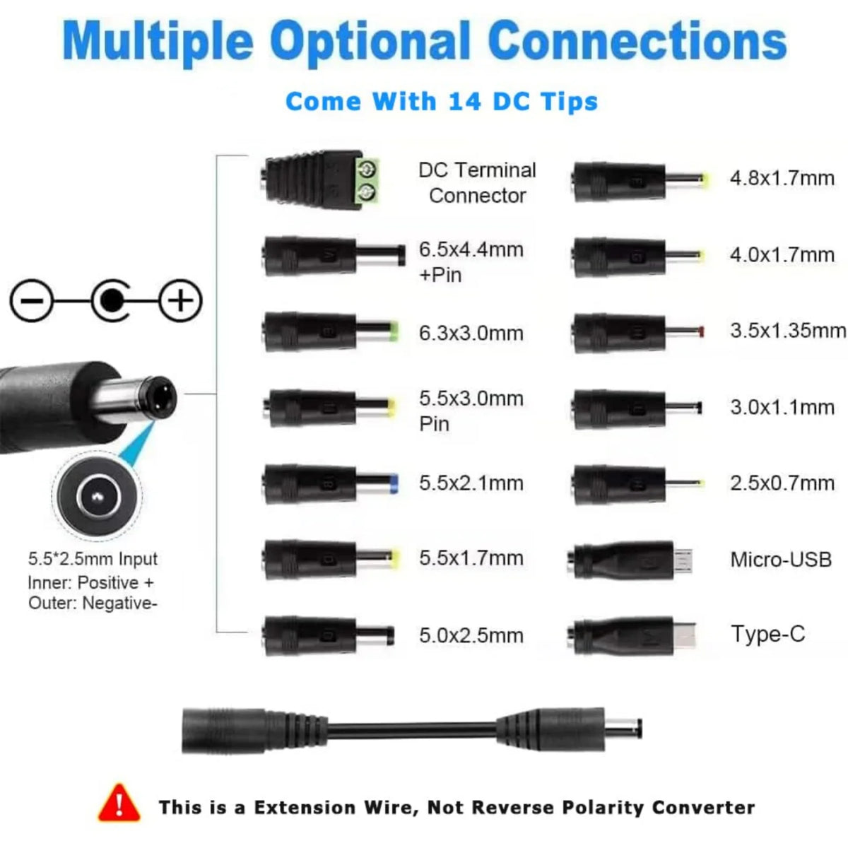 Multiple optional DC tips and connectors included with an extension wire for a power supply adapter.