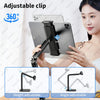 Adjustable clip metal tablet stand with flexible arm used to hold a tablet for viewing