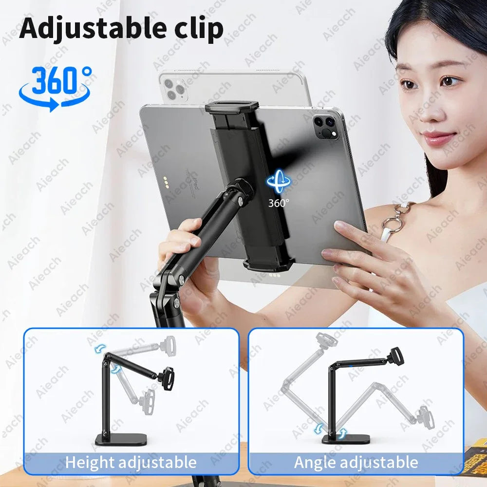 Adjustable clip metal tablet stand with flexible arm used to hold a tablet for viewing