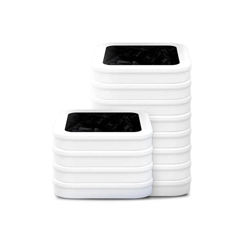 A stack of white replacement refill rings for smart kitchen trash cans.