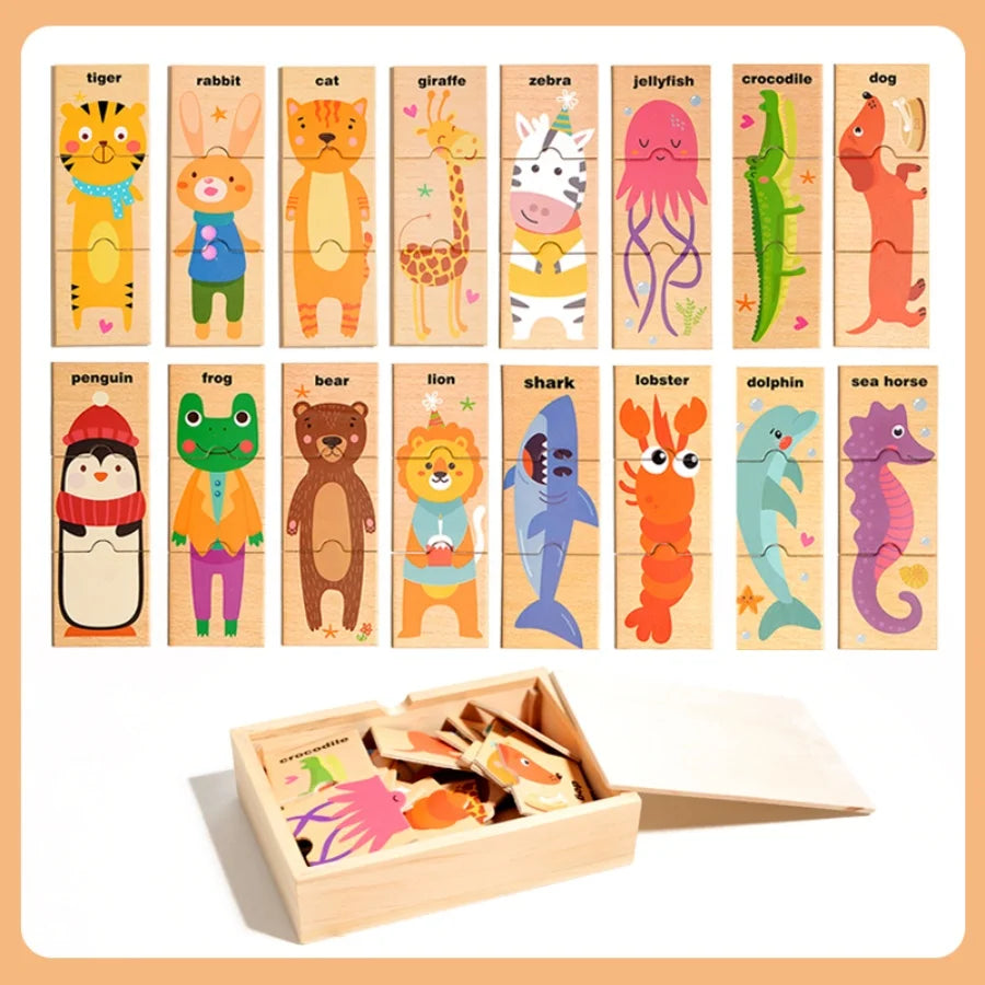 A wooden puzzle set featuring various animals like tiger, rabbit, cat, giraffe, zebra, jellyfish, crocodile, dog, penguin, fr