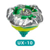 A metal spinning top battle toy with a green and silver launcher assembly.