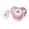 A set of pink and silver crystal rhinestone pacifier chain clips with silicone nipples.