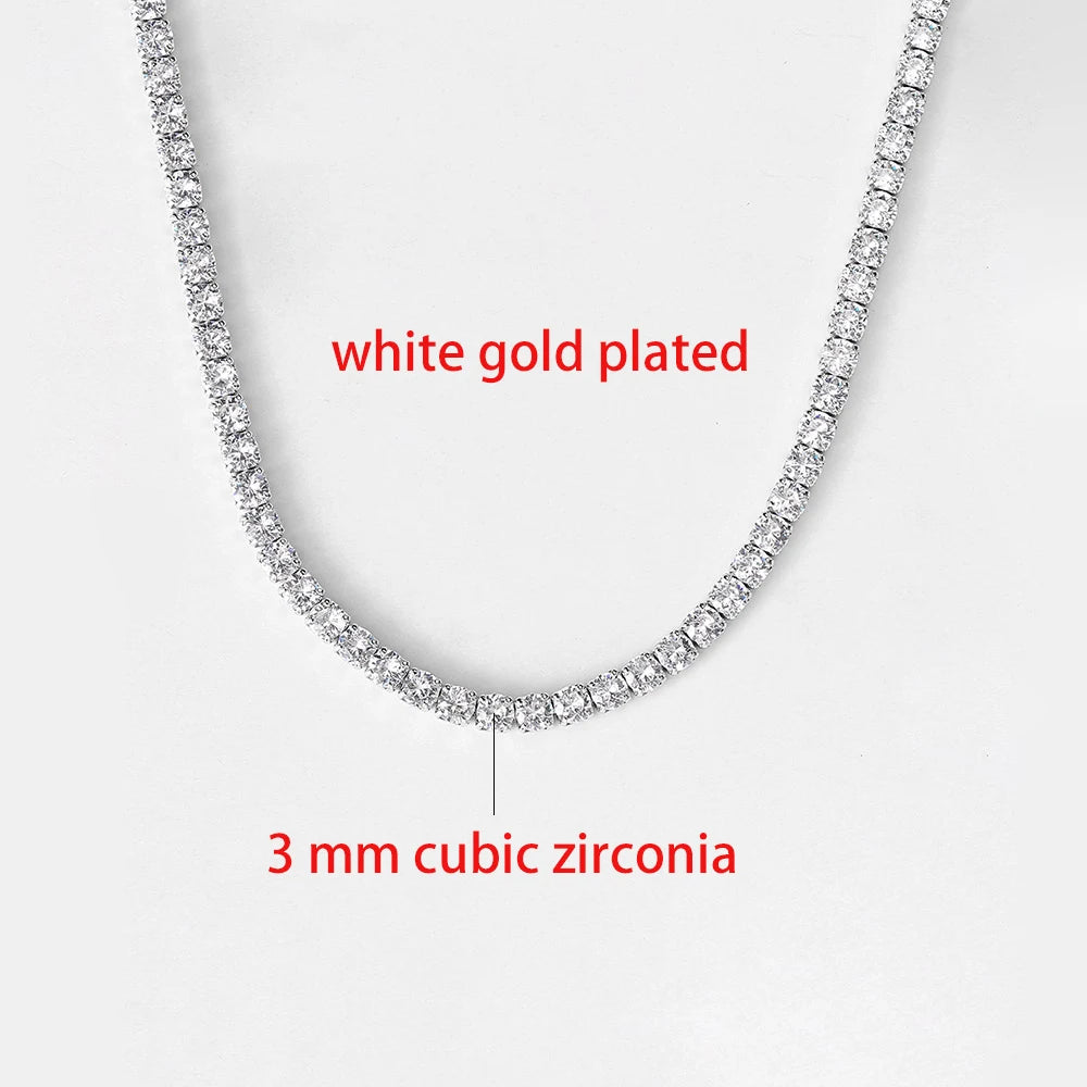 A close-up of a white gold plated iced-out tennis choker necklace featuring 3 mm cubic zirconia stones.