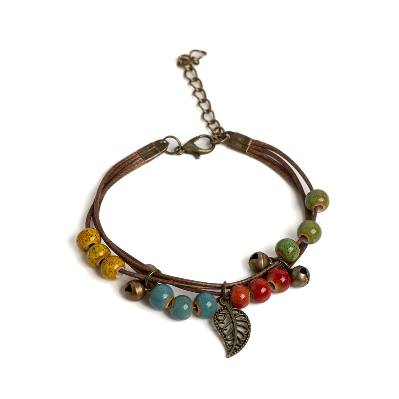 Adjustable Ceramic Bead Bracelet with Leaf Pendant