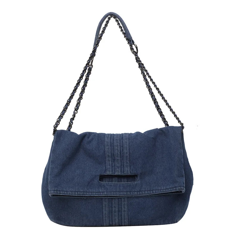 Oxford Denim Tote Bag with Chain Strap