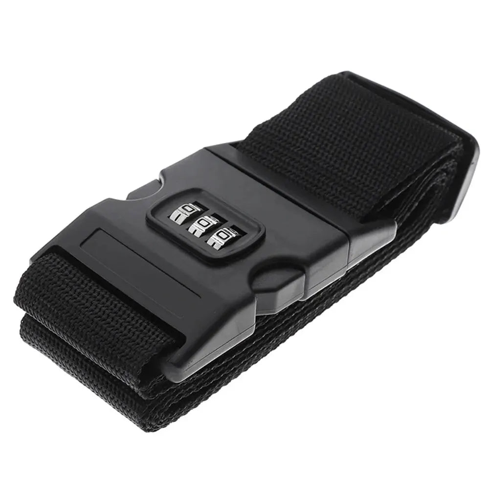 Black adjustable luggage strap with a combination lock feature