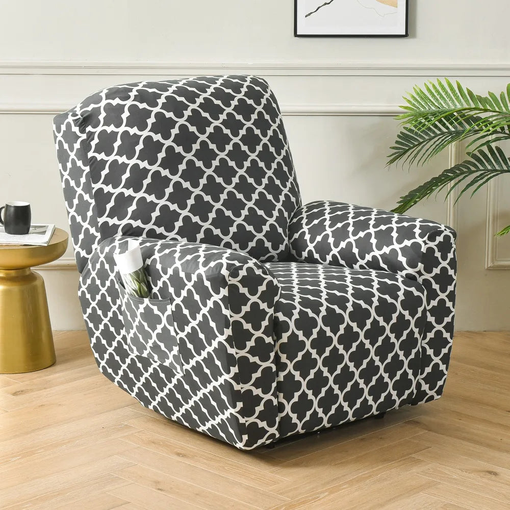 Printed Recliner Cover with Side Pocket — 4-Piece Set