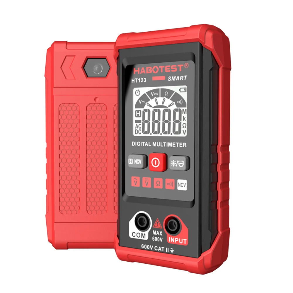 A red digital multimeter with a black display and various input options is shown.