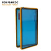 A yellow protective display case for a trading card, featuring a bright blue acrylic panel.
