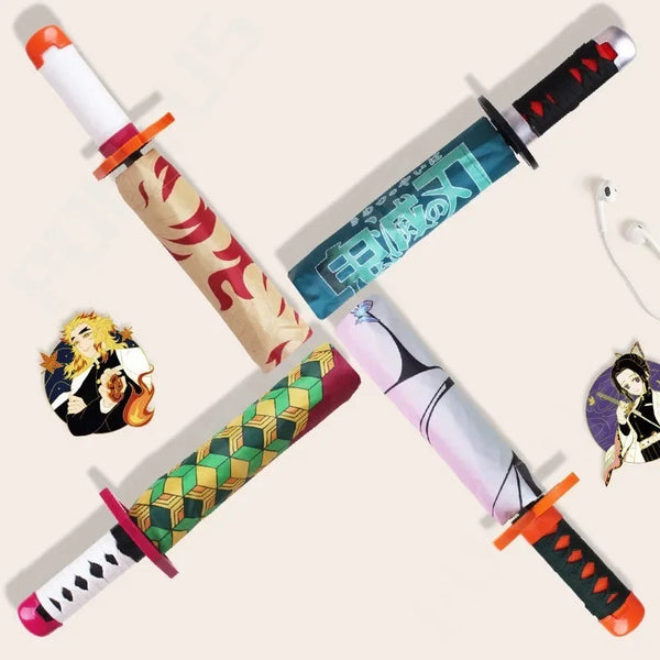 Paraguas plegable de Demon Slayer Kokushibo Katana, con mango negro y envoltura decorativa.