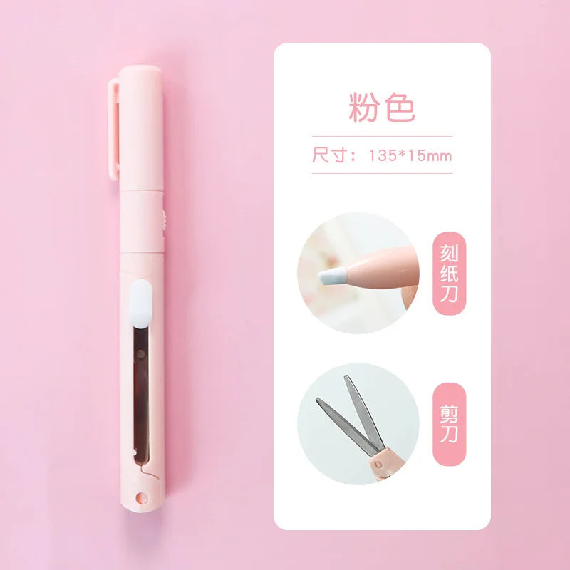A pink folding pen-shaped safety scissors with dimensions and usage instructions shown on a white background.