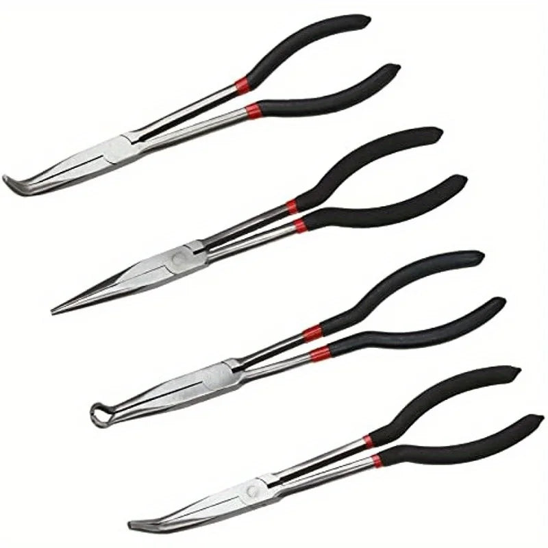 A set of four silver and black needle nose pliers with angled tips and long reach.