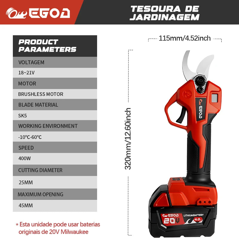 Orange cordless electric pruning shears with a 45mm cutting head and battery.