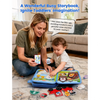 A woman is showing a Montessori giraffe busy board to a toddler, with various wooden and plastic activities nearby.