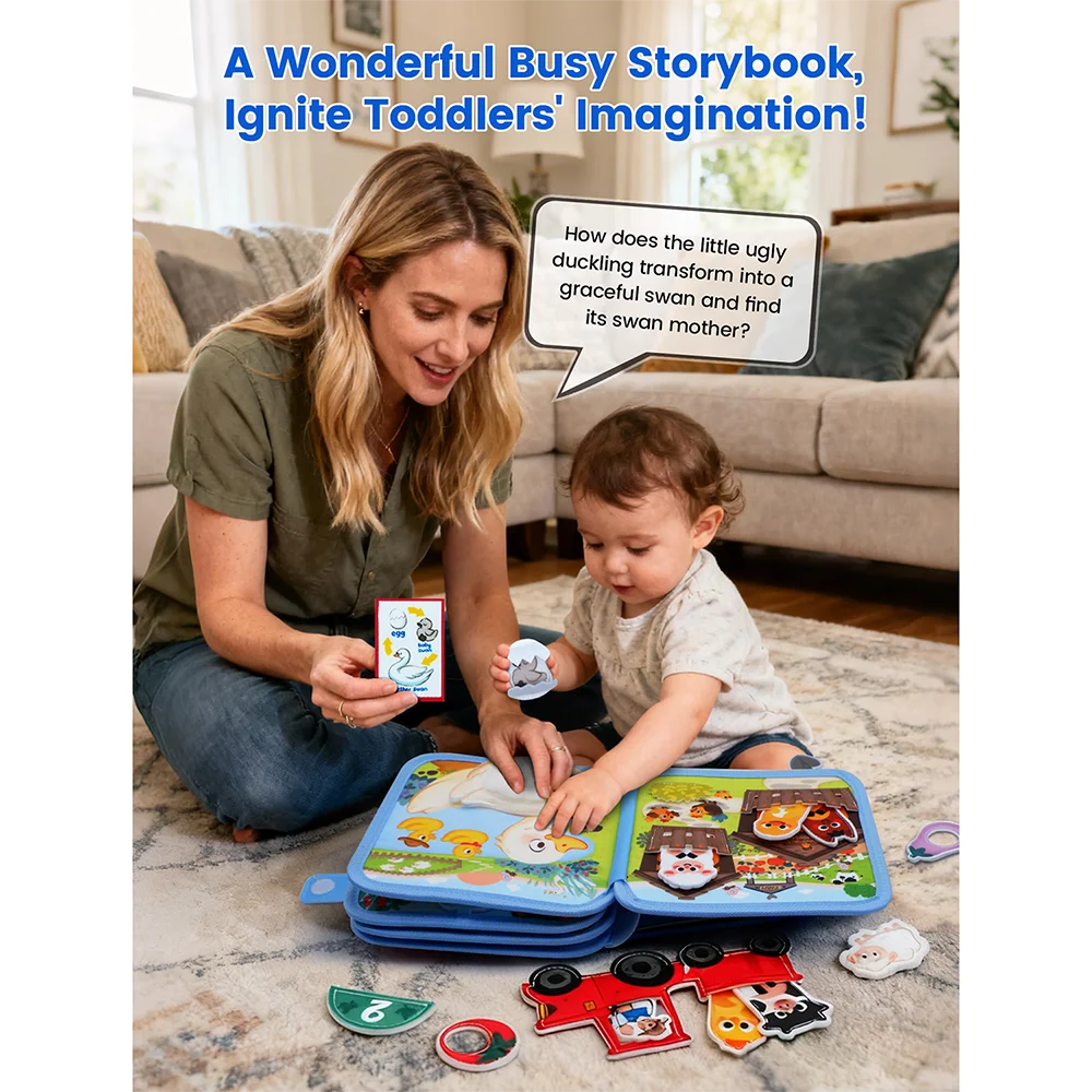 A woman is showing a Montessori giraffe busy board to a toddler, with various wooden and plastic activities nearby.