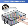A clear mesh storage box with double 5# metal zippers is shown being used to store various items.