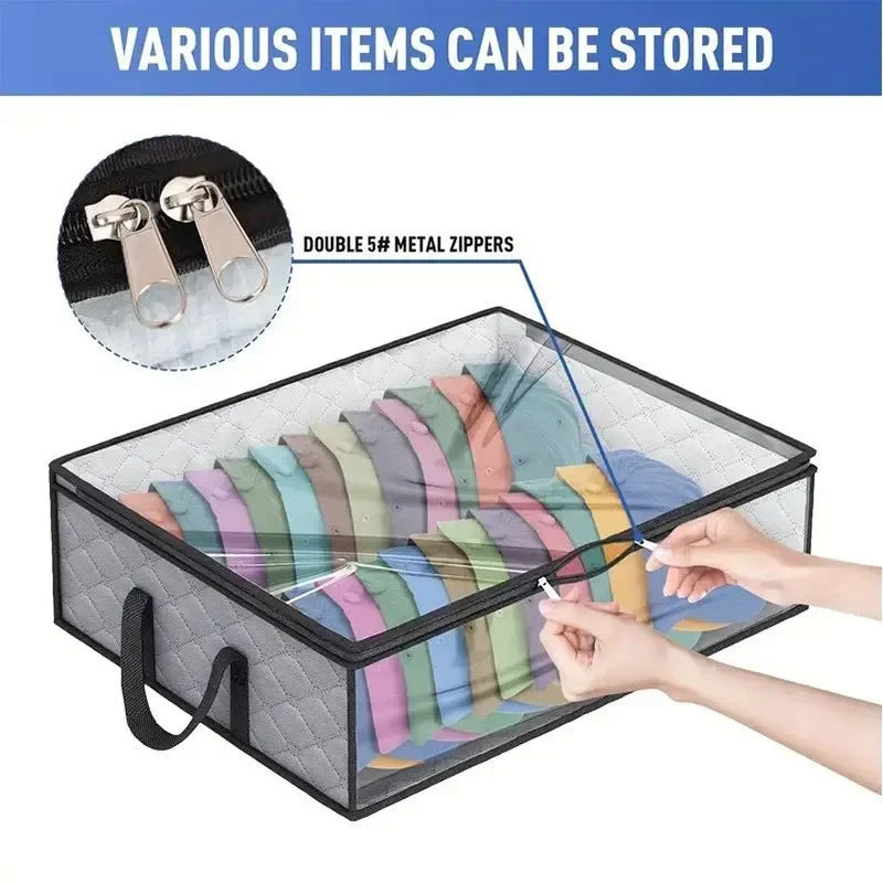 A clear mesh storage box with double 5# metal zippers is shown being used to store various items.
