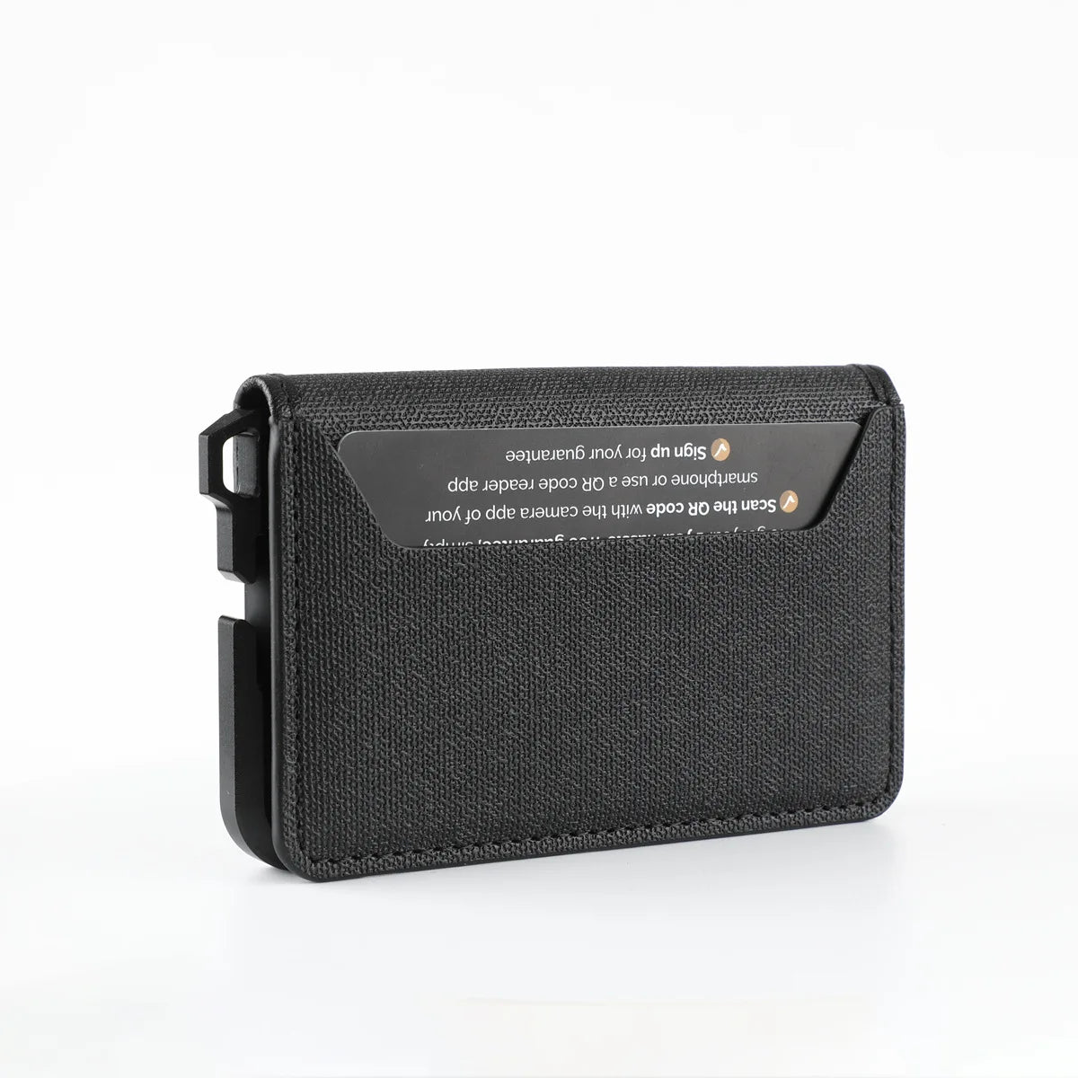 A black minimalist leather card holder with a bottle opener is shown against a white background.