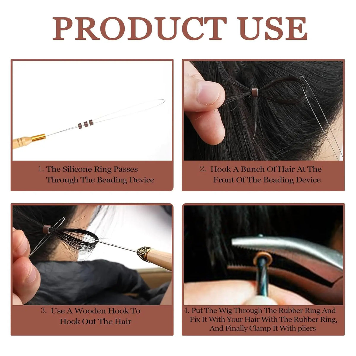 Instructions showing how to use a complete hair extension installation kit with needle tool and silicone-lined micro rings