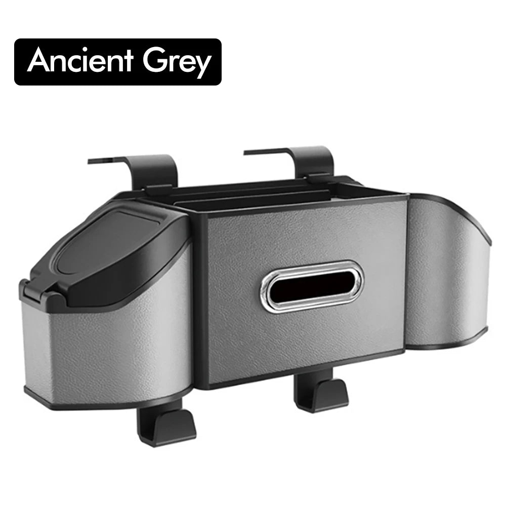 A gray car back seat organizer featuring a cup holder, trash bin, and phone mount.