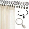 Anillos y clips metálicos para cortinas, mostrando varios tamaños y un panel de tela