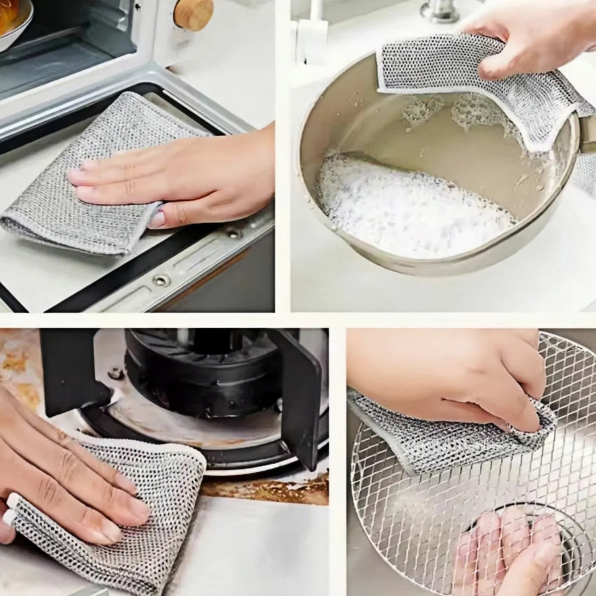 Close-up shots show hands using triple-layer microfiber scouring cloths to clean a pot and dishware.