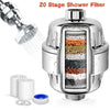 A chrome shower filter unit with a removable internal filter cartridge and accompanying components.