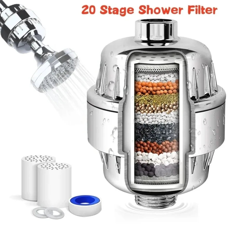 A chrome shower filter unit with a removable internal filter cartridge and accompanying components.