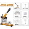 A set of 100 pieces of 44mm button maker machine components including a machine, tool kit, and circle cutter.