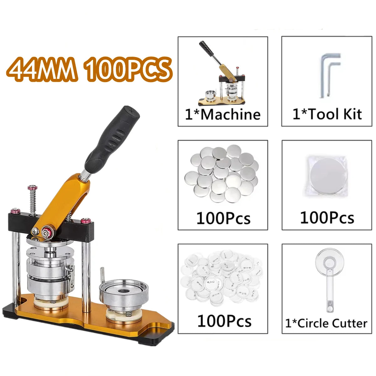 A set of 100 pieces of 44mm button maker machine components including a machine, tool kit, and circle cutter.