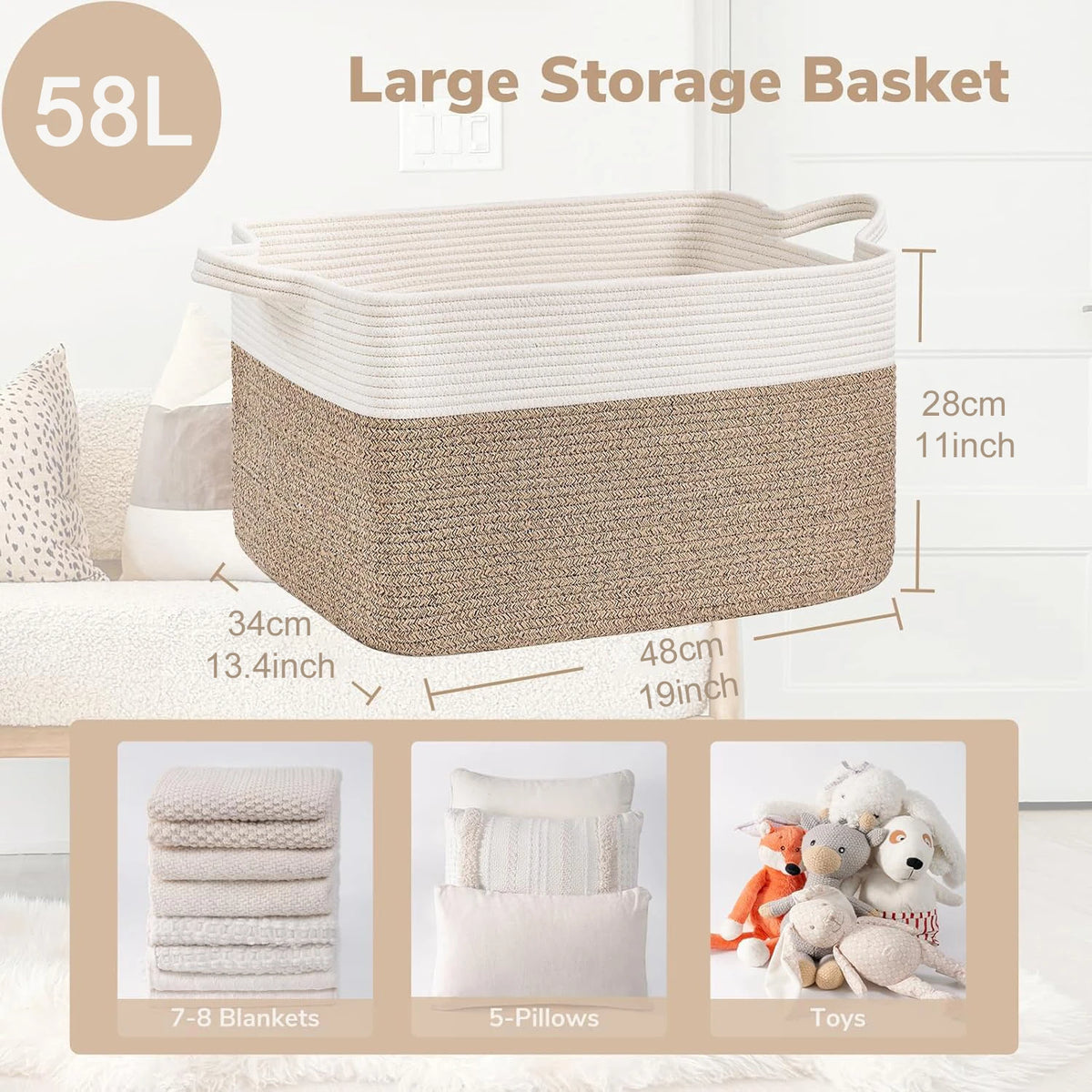 Large beige woven storage basket with measurements and examples of items it can hold