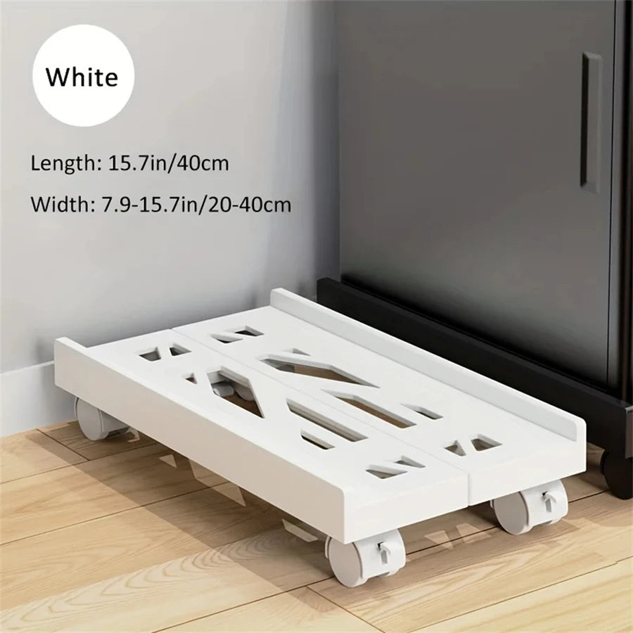 A white adjustable rolling CPU stand with wheels designed for under-desk use.