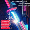 A close-up of an Interstellar Spark Sword blade glowing with blue light and emitting sparks.