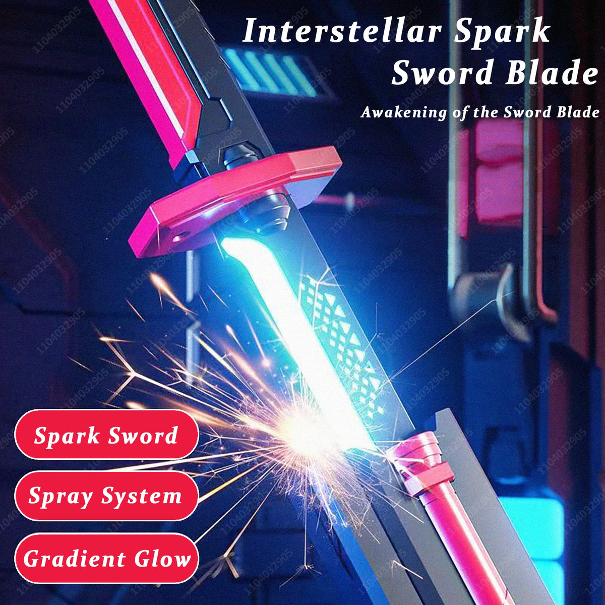 A close-up of an Interstellar Spark Sword blade glowing with blue light and emitting sparks.
