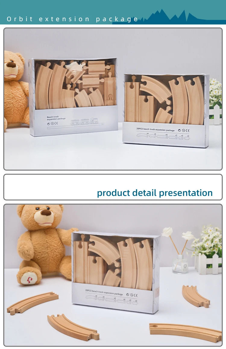 A presentation of a wooden train track expansion package with various pieces and a teddy bear.