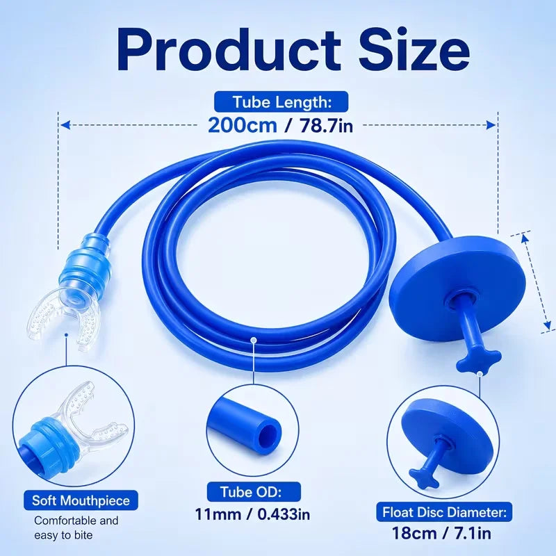 Blue silicone snorkel tube with a float disc and mouthpiece shown in various views