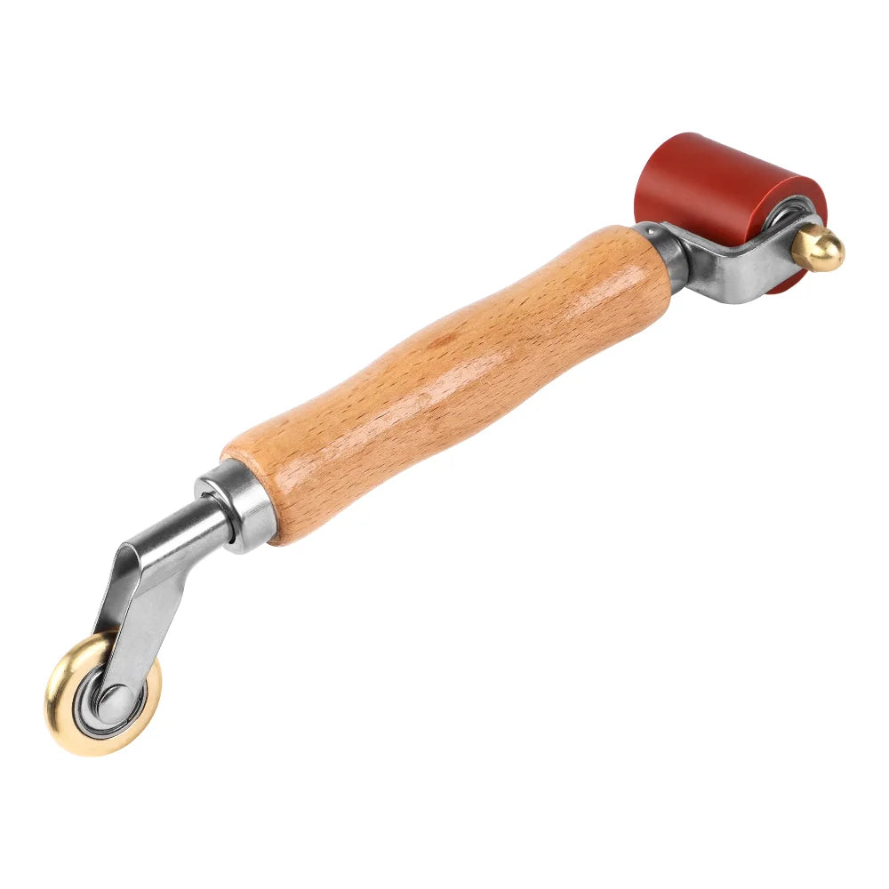 A hand tool featuring a wooden handle and metal components with a silicone seam roller tip for welding or waterproofing.